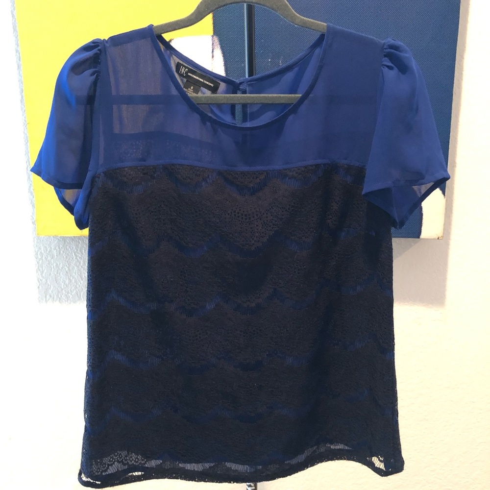 I•N•C - BLUE AND BLACK LACE BLOUSE
